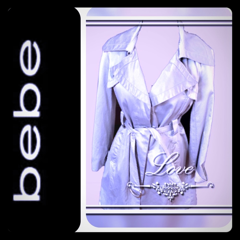BEBE.   Silver Satin trench coat.